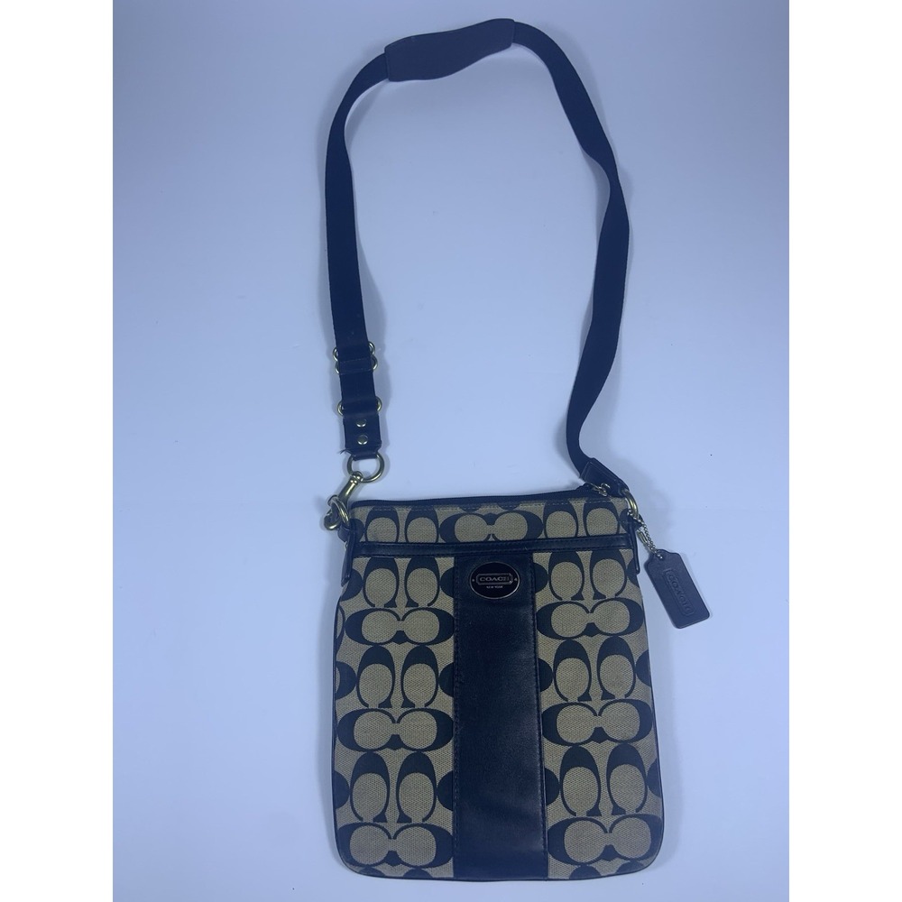 Coach Canvas Signature Cross Body Messenger Bag Brown/Black 8 Inch